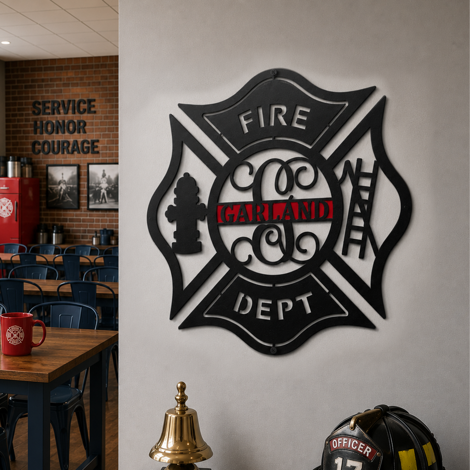 Custom firefighter maltese cross metal wall sign with Garland name displayed in modern fire station dining room decor