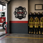 Personalized fire department metal wall art with Station 32 design mounted inside active fire station with firefighter gear and truck