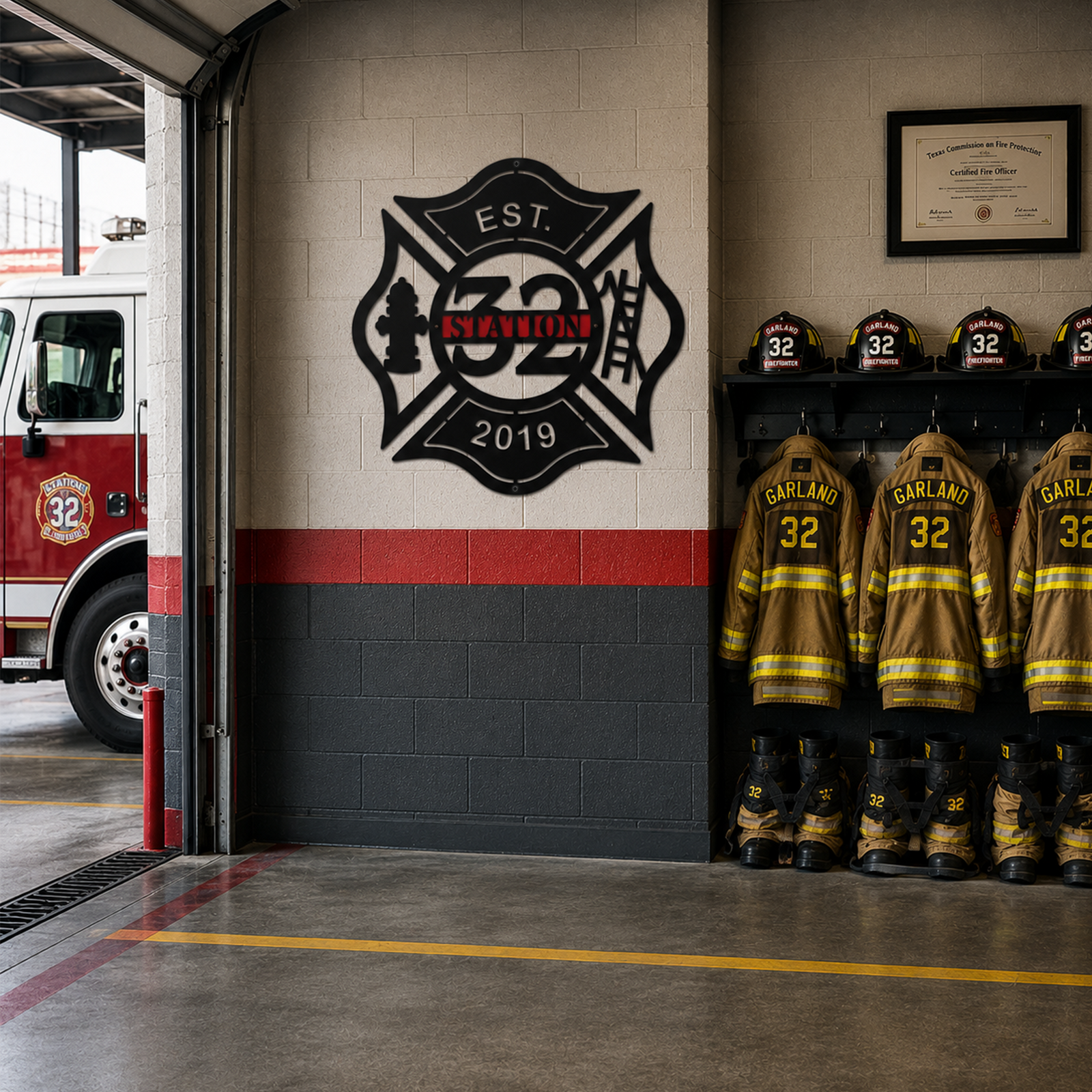 Personalized fire department metal wall art with Station 32 design mounted inside active fire station with firefighter gear and truck