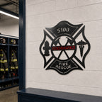 Custom Henderson Fire Rescue Maltese Cross metal sign displayed on fire station wall near firefighter gear lockers