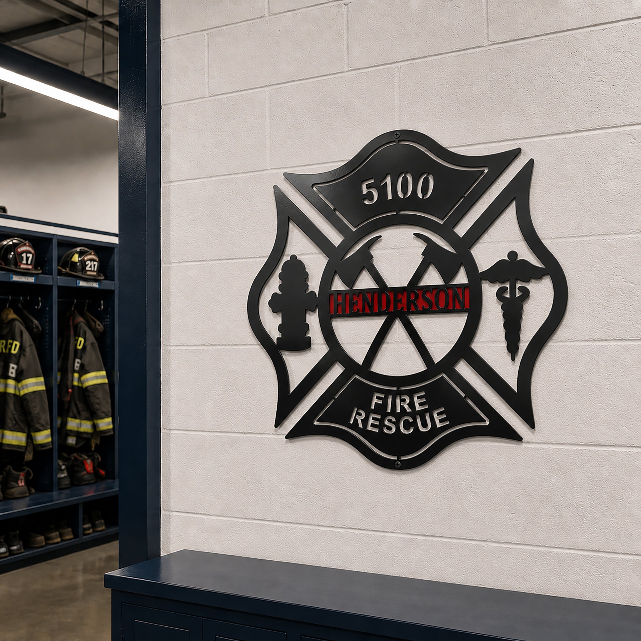 Custom Henderson Fire Rescue Maltese Cross metal sign displayed on fire station wall near firefighter gear lockers