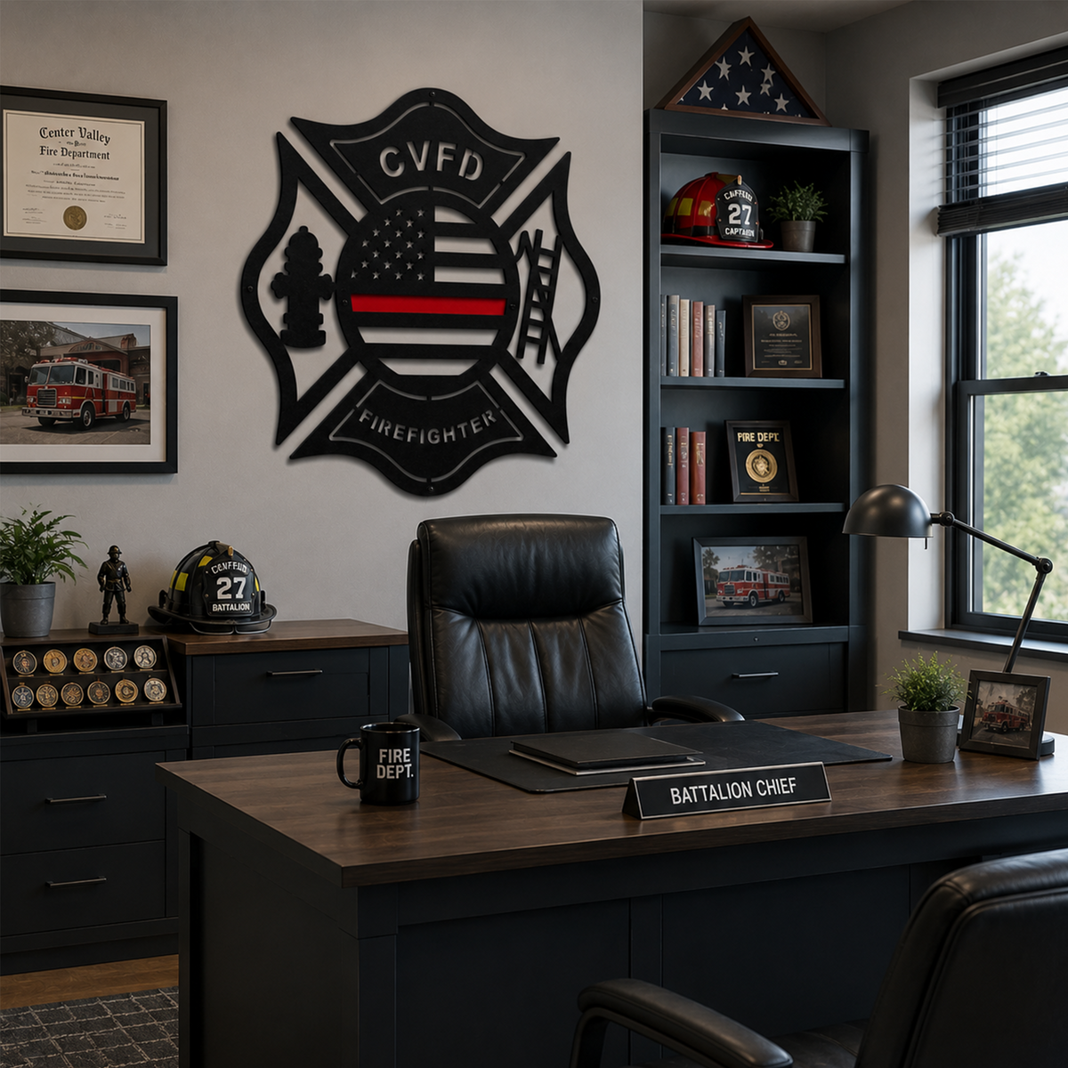 Black firefighter American flag metal wall art mounted inside battalion chief office with fire department memorabilia