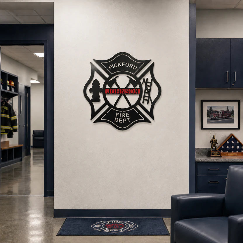Letrero personalizado con la cruz de Malta – Arte y decoración de pared para bomberos