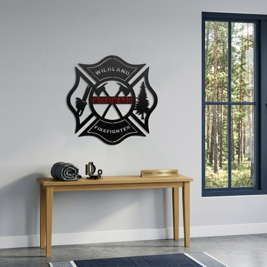 Personalized wildland firefighter metal sign displayed above wooden console table in modern rustic interior