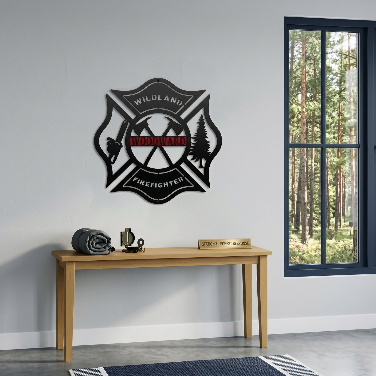 Personalized wildland firefighter metal sign displayed above wooden console table in modern rustic interior