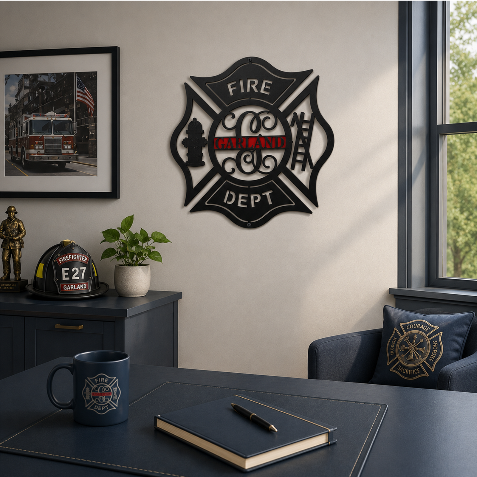 Cruz de Malta de Bombero | Letrero Colgante de Metal Personalizado para Puerta