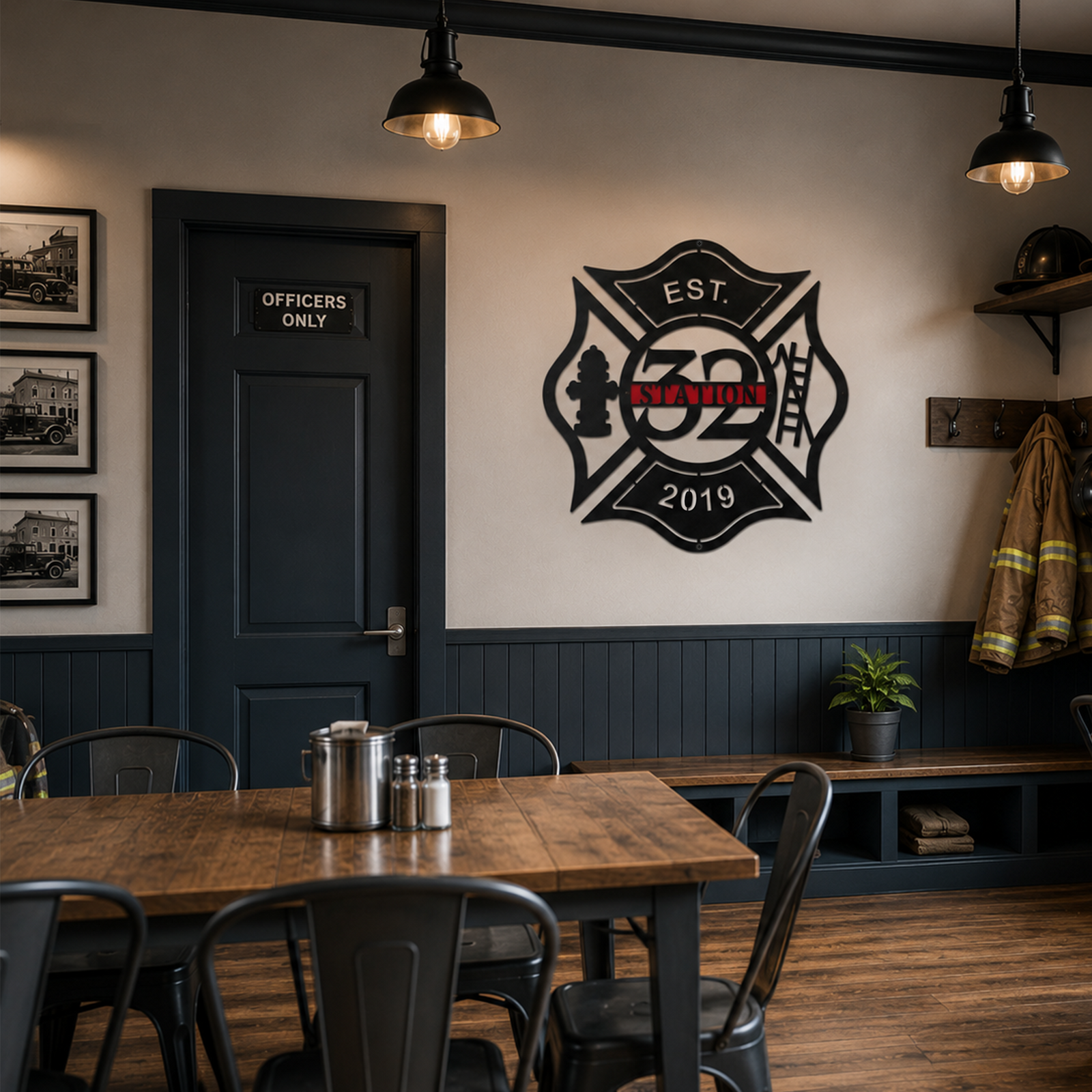 Personalized Station 32 fire department metal wall art mounted inside firefighter lounge with industrial style dining area