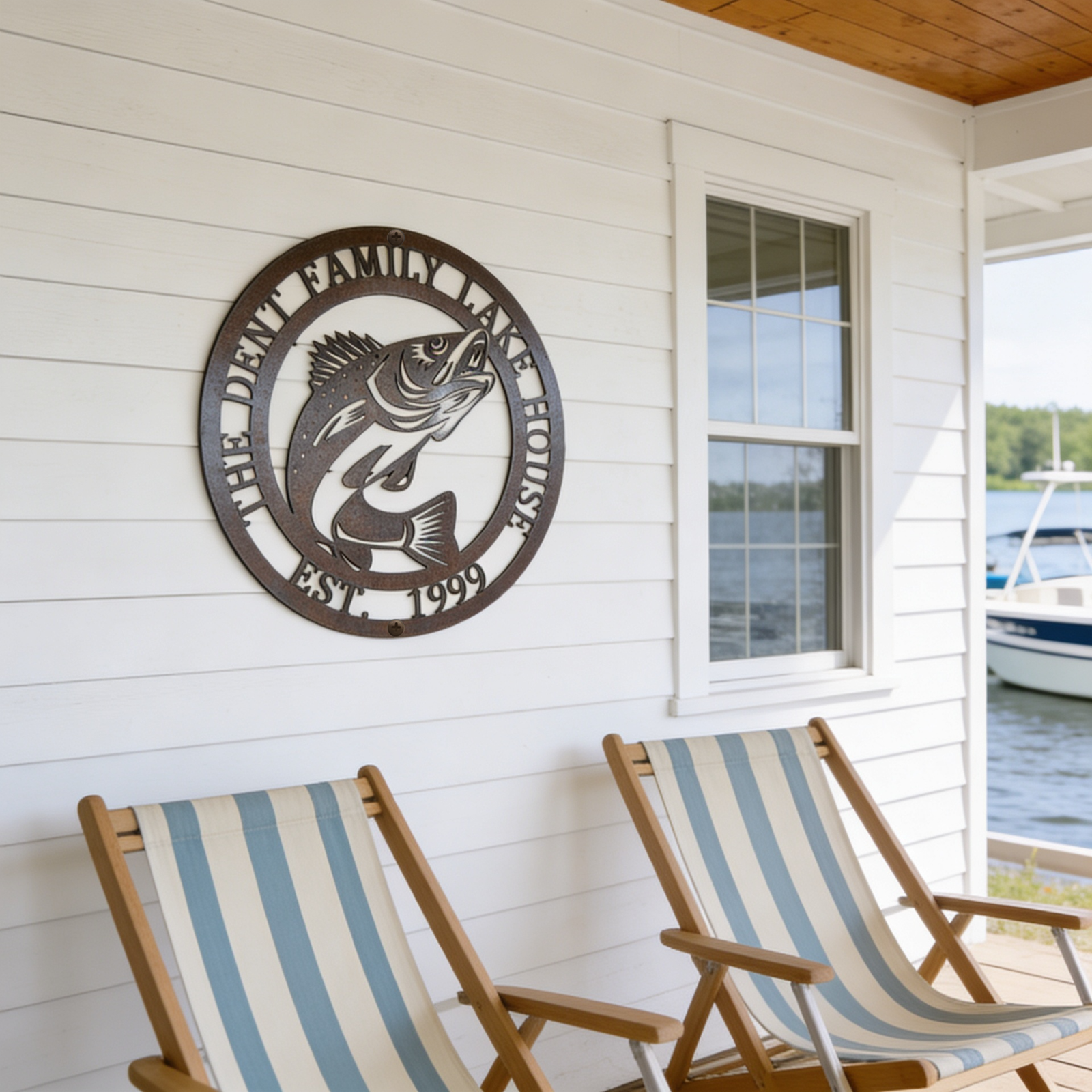 Brown custom fishing family lake house wall sign on white porch with lake chairs