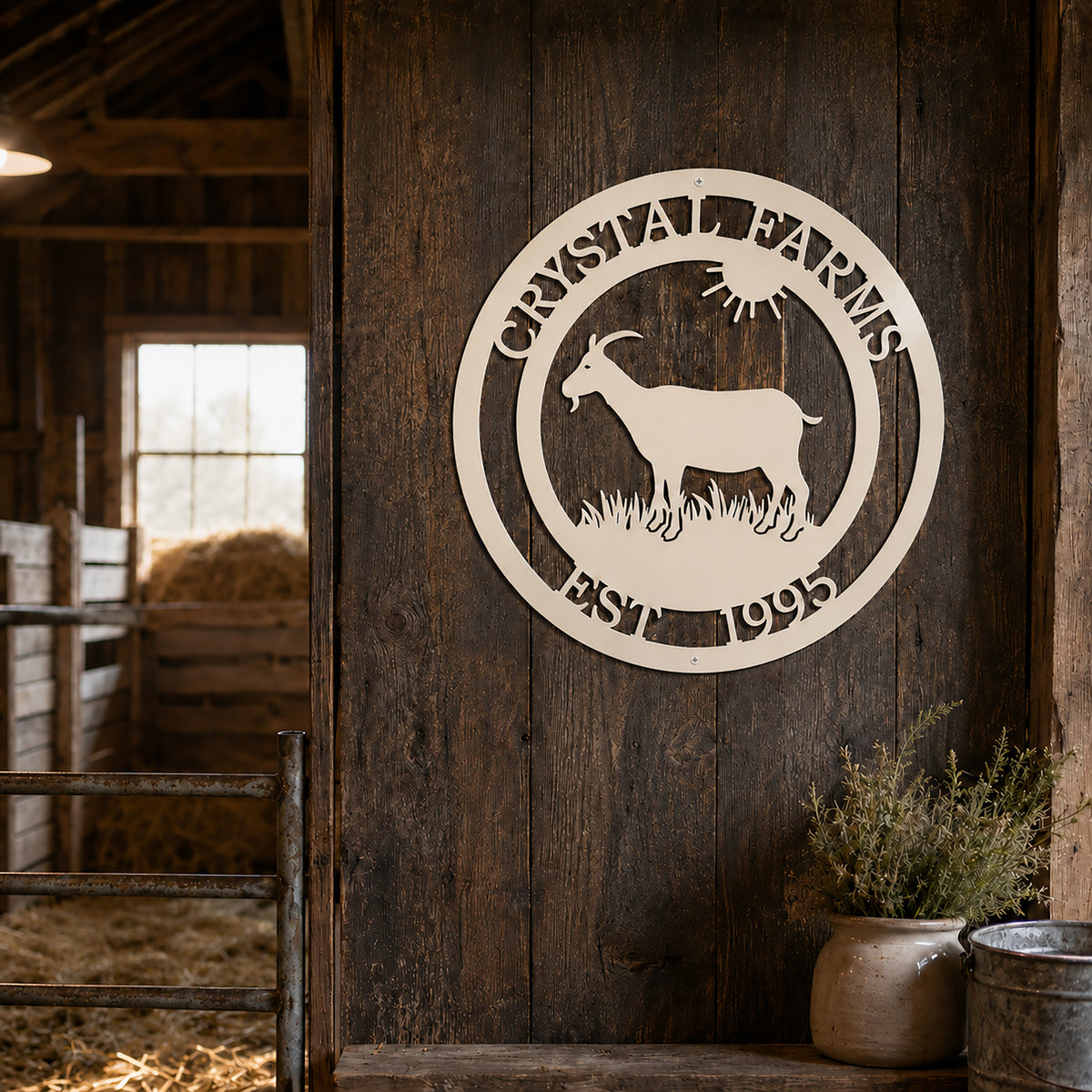 Custom goat farm metal sign in cream finish mounted on a rustic barn interior wall featuring a goat silhouette, farm name, and established date.