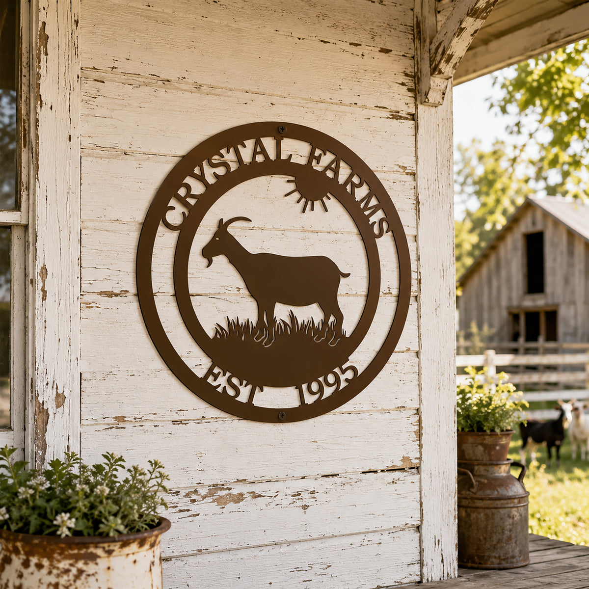 Custom goat farm metal sign in espresso finish displayed on a weathered farmhouse wall with a rural farm setting and personalized farm name.