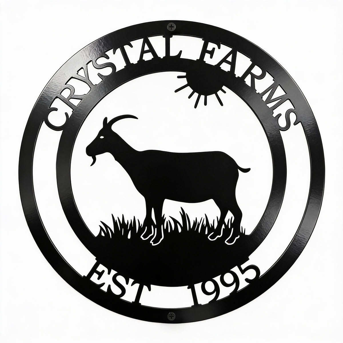 Custom goat farm metal sign featuring a goat silhouette, farm name, sun graphic, and established date precision laser cut from powder-coated metal with mounting screws.