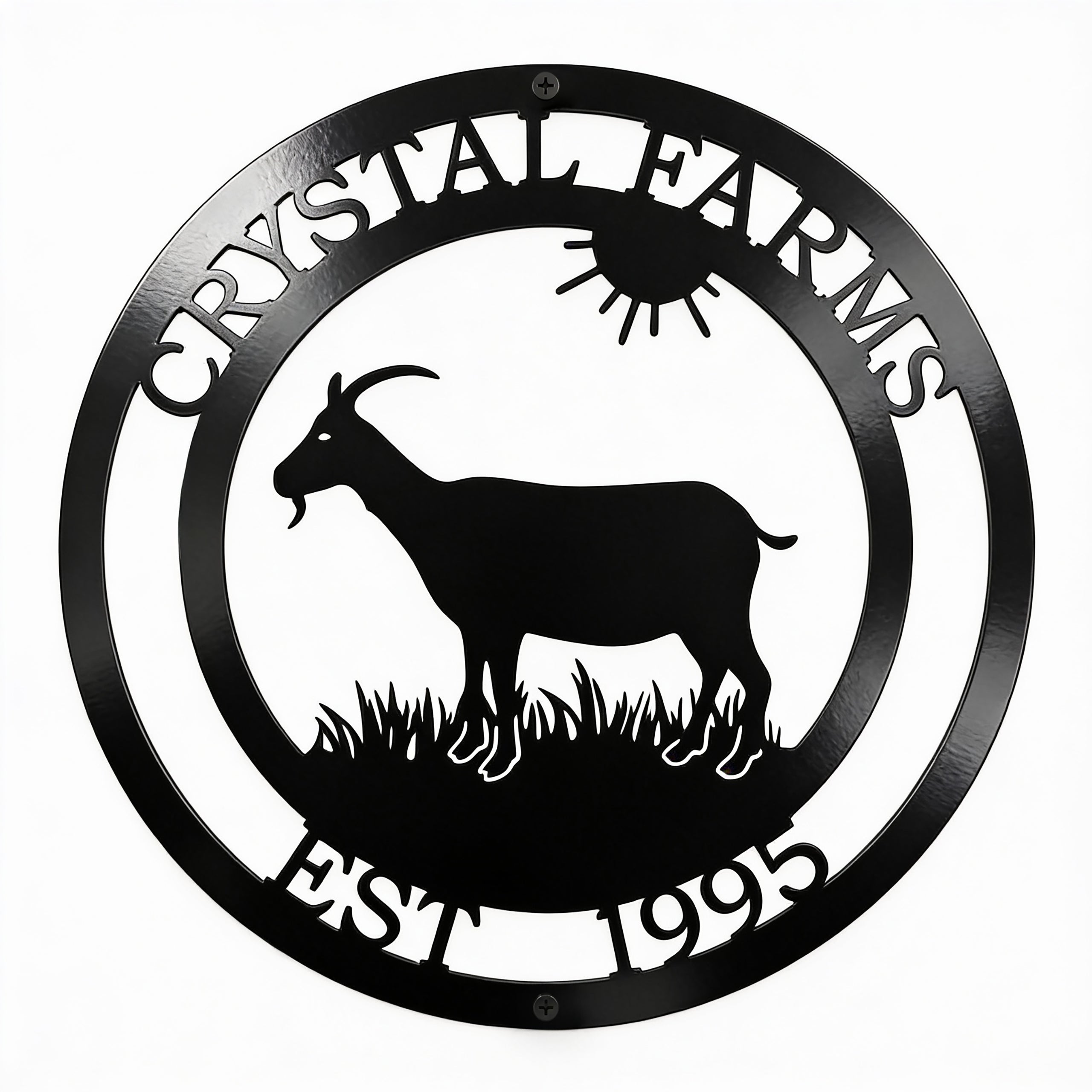 Custom goat farm metal sign featuring a goat silhouette, farm name, sun graphic, and established date precision laser cut from powder-coated metal with mounting screws.