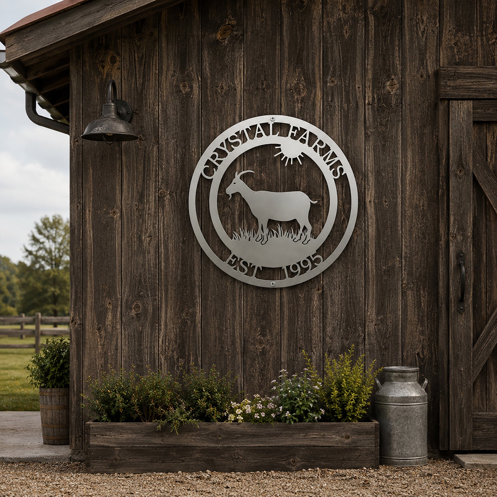Custom goat farm metal sign mounted on a rustic barn exterior wall with farmhouse landscaping, personalized farm name, and established date cut into durable metal.