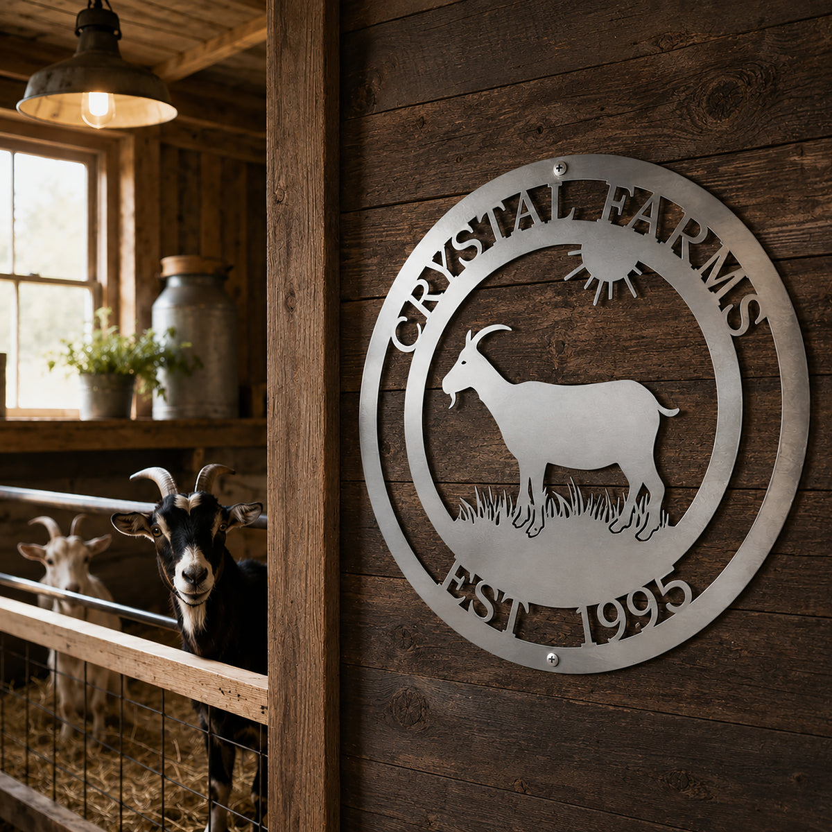 Custom goat farm metal sign in satin titanium finish mounted inside a rustic goat barn showcasing a personalized farm name and established year.