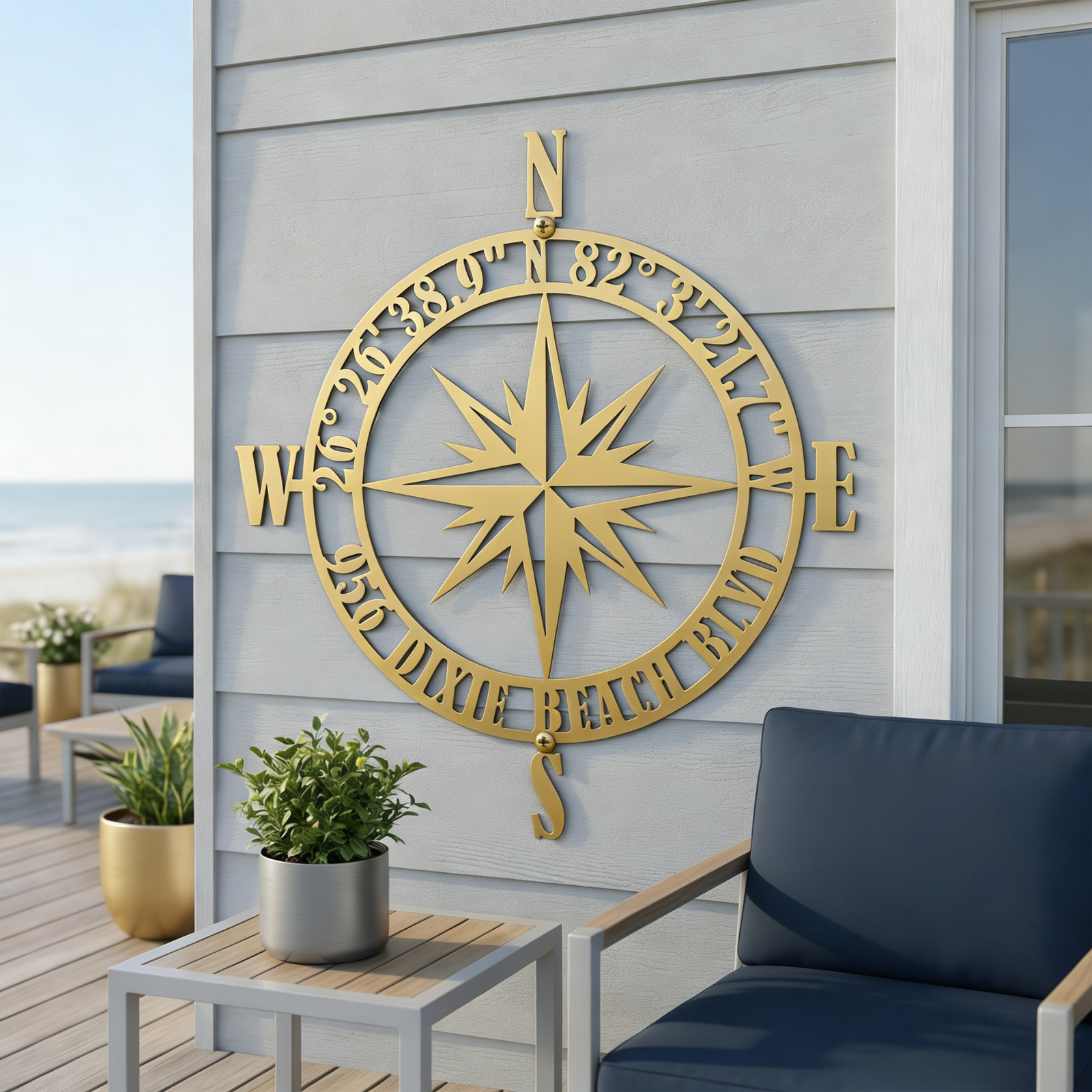 Gold compass rose metal wall sign with custom beach coordinates displayed on a seaside patio wall