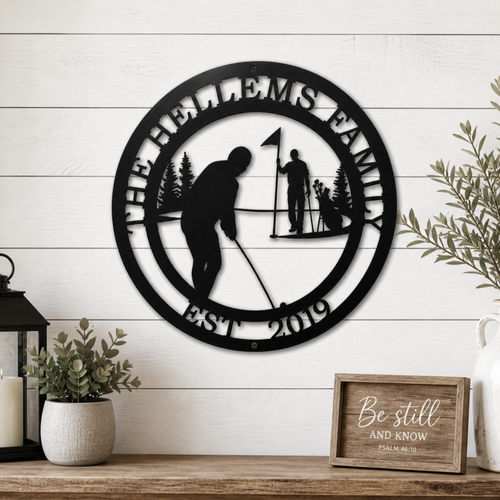 Custom golf metal sign with family name wall decor featuring golfer silhouette and established date for home display