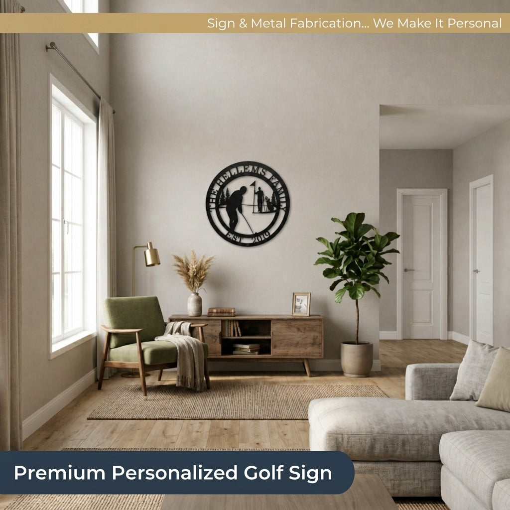 Personalized golf metal wall sign mounted in cozy living room with custom family name for rustic home decor styling