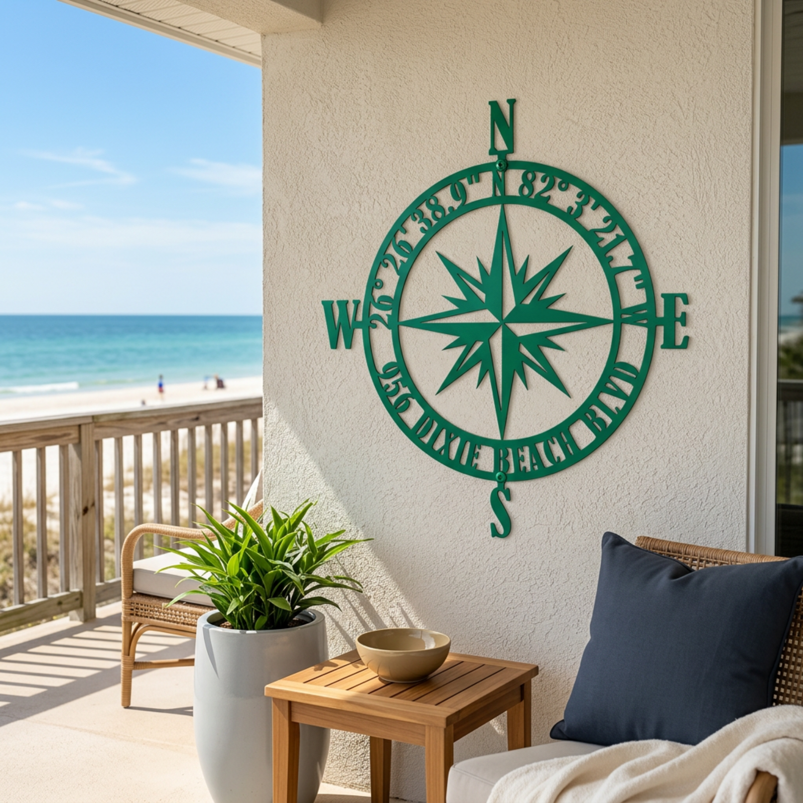 Green compass rose metal wall sign with personalized beach coordinates displayed on an oceanfront balcony