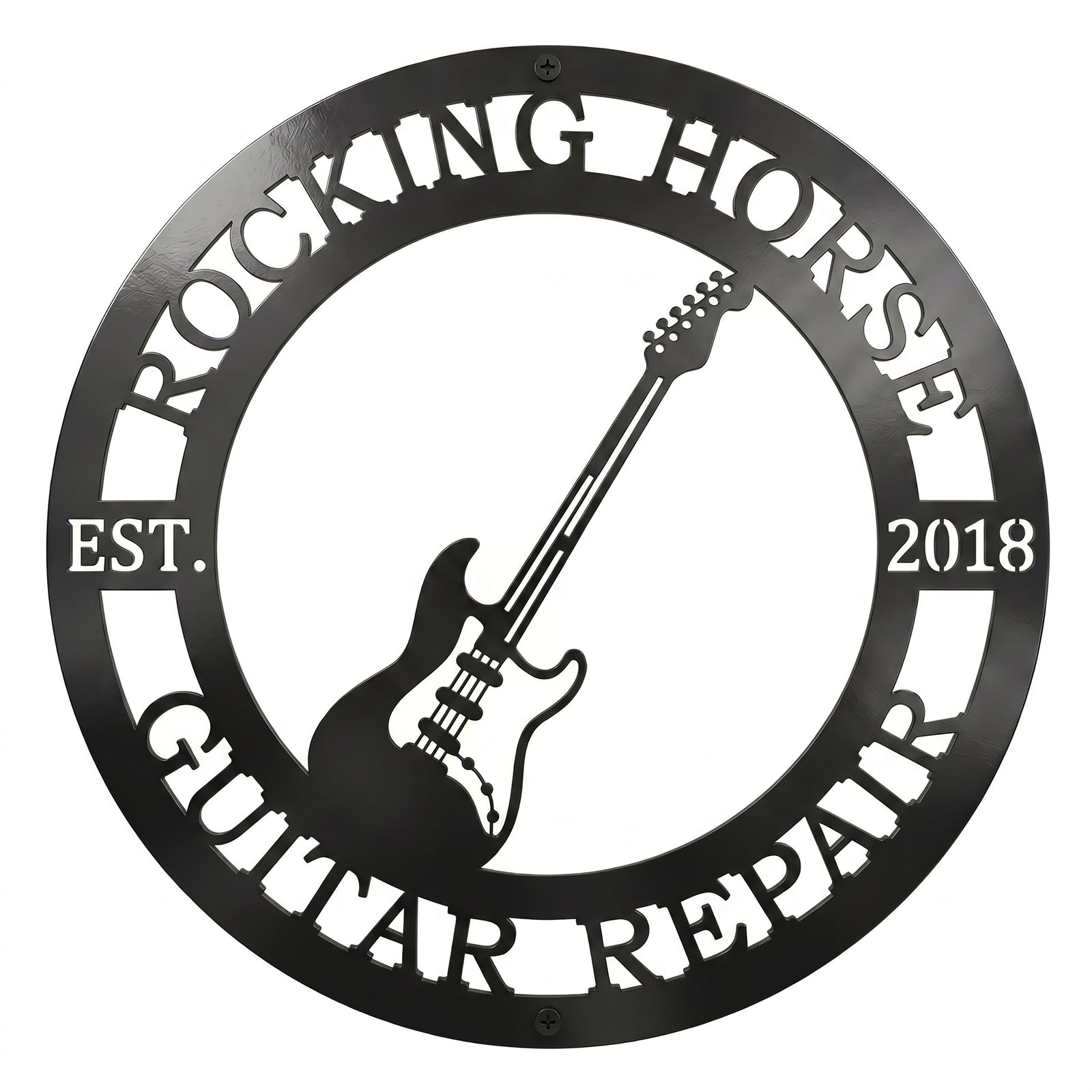 Personalized black metal round sign featuring a cut-out electric guitar, custom text Rocking Horse Guitar Repair, and established date 2018 on a solid white background.