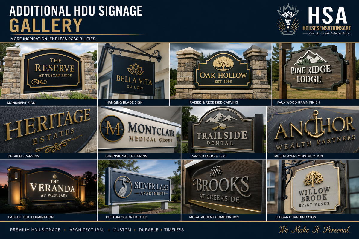 Gallery of custom HDU business signage featuring monument signs hanging blade signs dimensional lettering carved logos and illuminated commercial signs