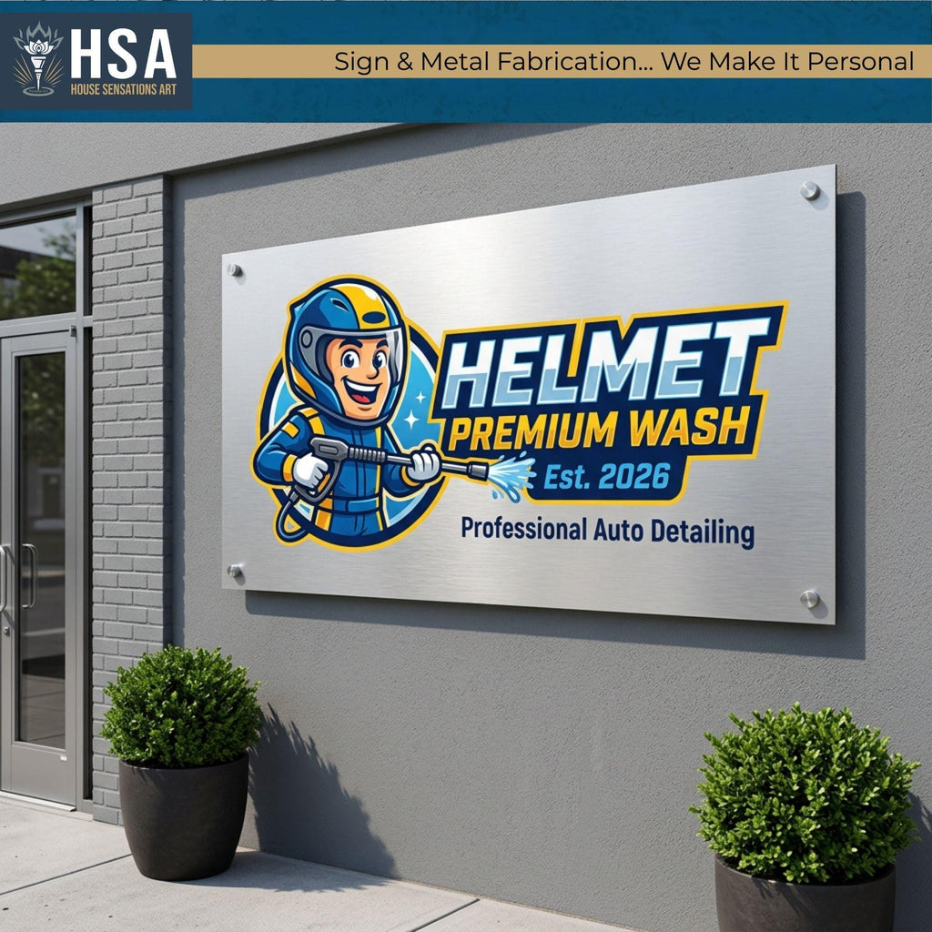 Large brushed aluminum commercial sign for helmet premium wash auto detailing business mounted on exterior building wall