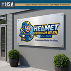 Large brushed aluminum commercial sign for helmet premium wash auto detailing business mounted on exterior building wall