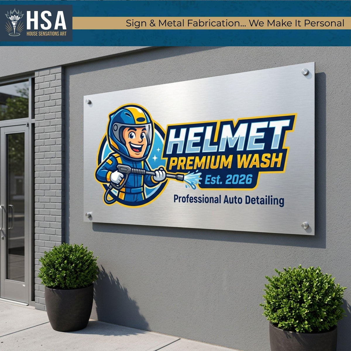 Large brushed aluminum commercial sign for helmet premium wash auto detailing business mounted on exterior building wall