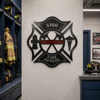 Custom Henderson Fire Rescue Maltese Cross metal wall sign displayed in firefighter locker room with helmets and turnout gear