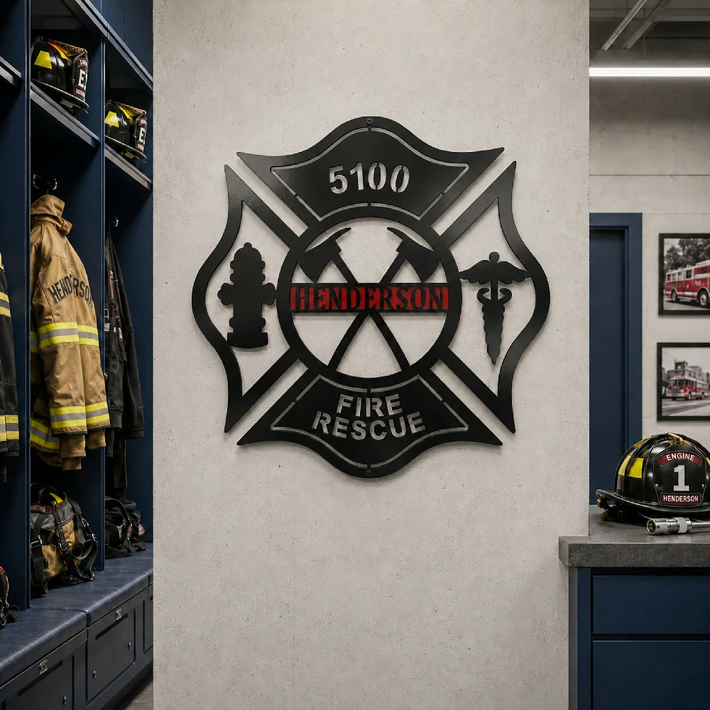 Cruz de Malta de bombero personalizada con hachas y señal de boca de incendios — Arte metálico de pared personalizado
