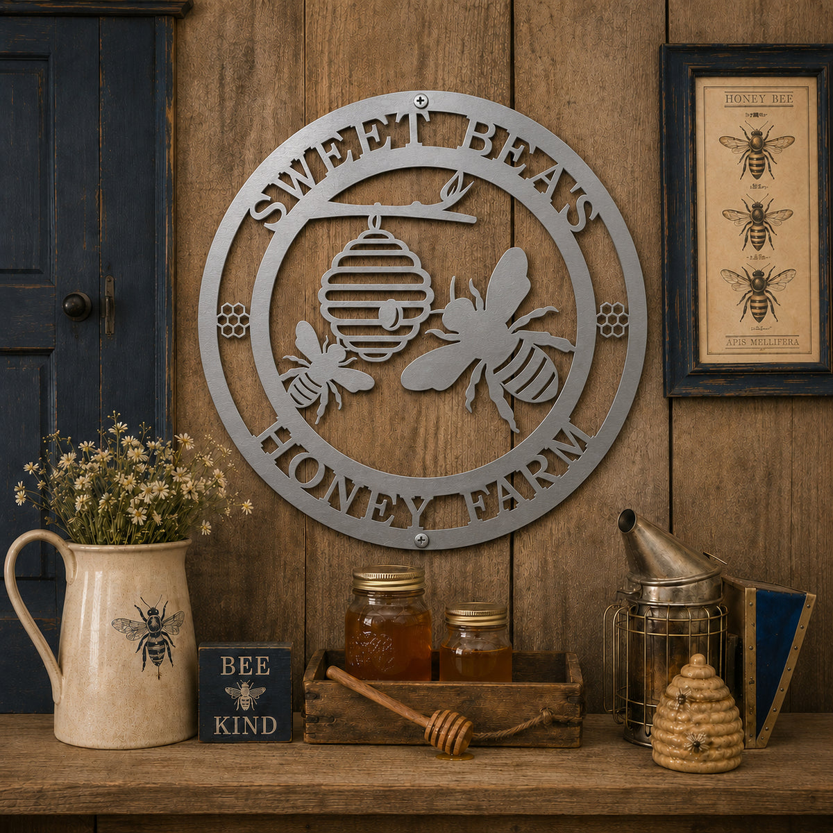 Satin silver honey bee farm sign with beehive mounted on wooden wall