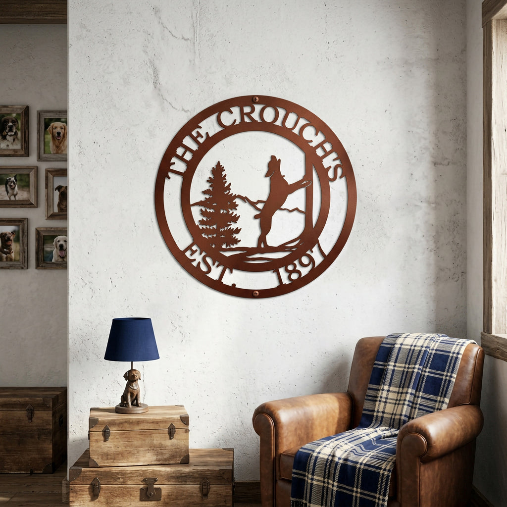 Tuscan copper personalized horse farm metal wall art displayed above leather chair in rustic room