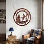 Tuscan copper personalized horse farm metal wall art displayed above leather chair in rustic room