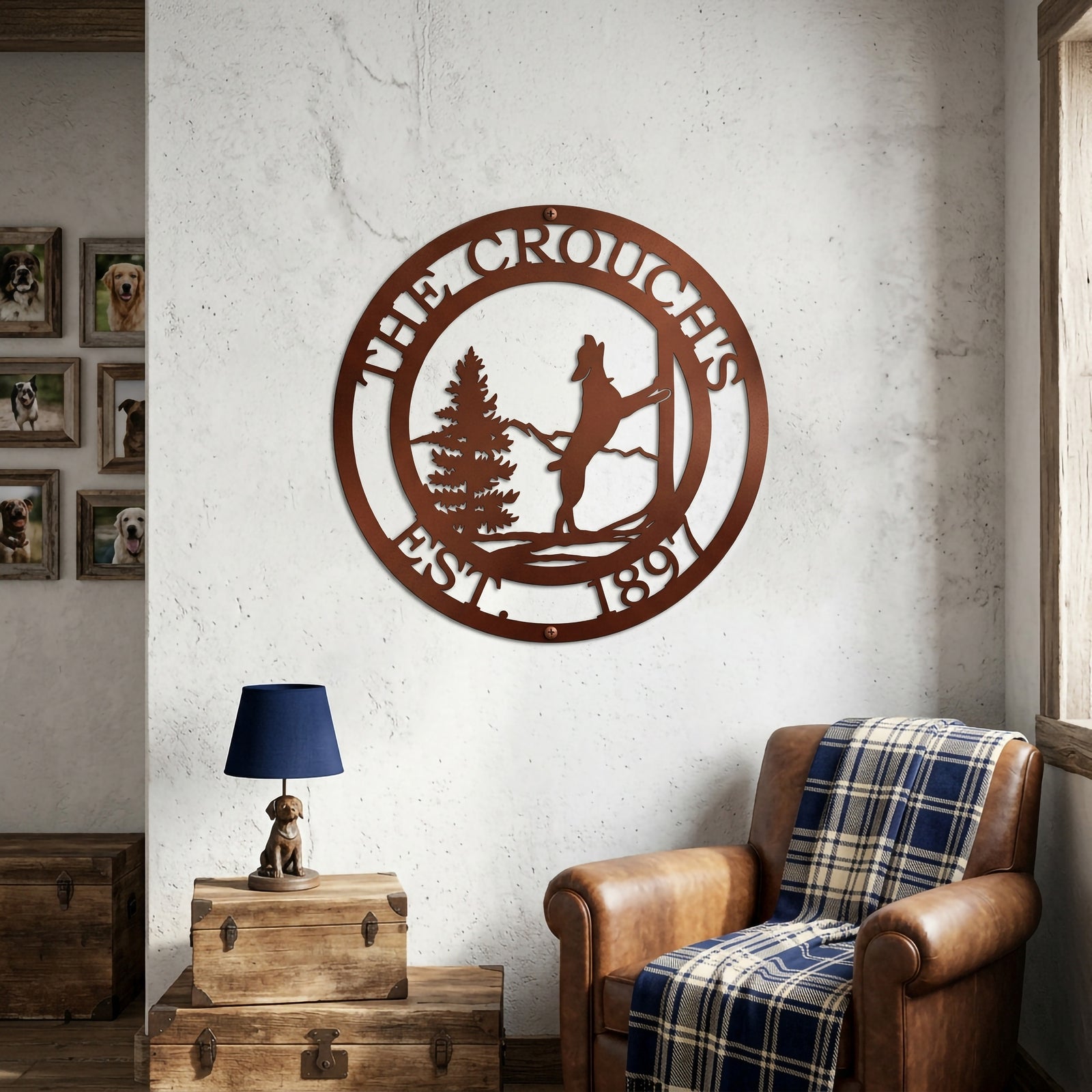 Tuscan copper personalized horse farm metal wall art displayed above leather chair in rustic room