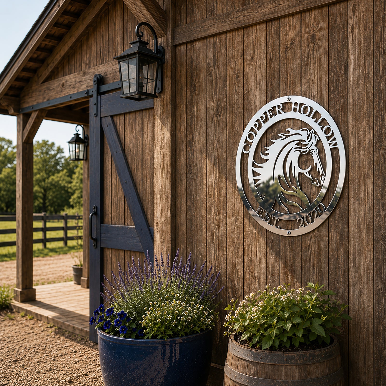 Polished chrome custom horse metal sign displayed on rustic wood barn exterior