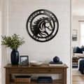 Black custom horse metal sign displayed above wooden console table in farmhouse home