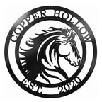 Black custom horse metal sign with Copper Hollow name and established year on white background