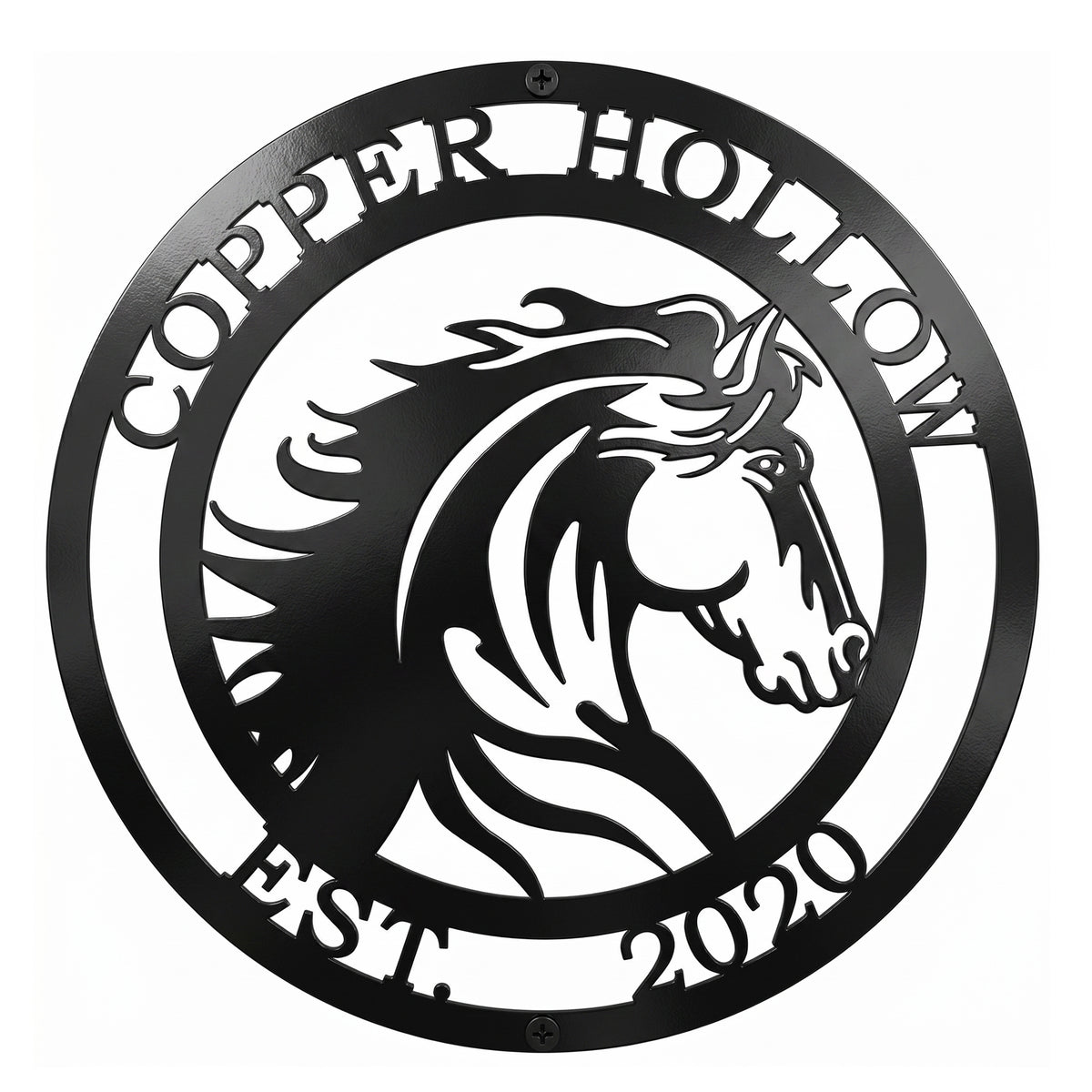 Black custom horse metal sign with Copper Hollow name and established year on white background