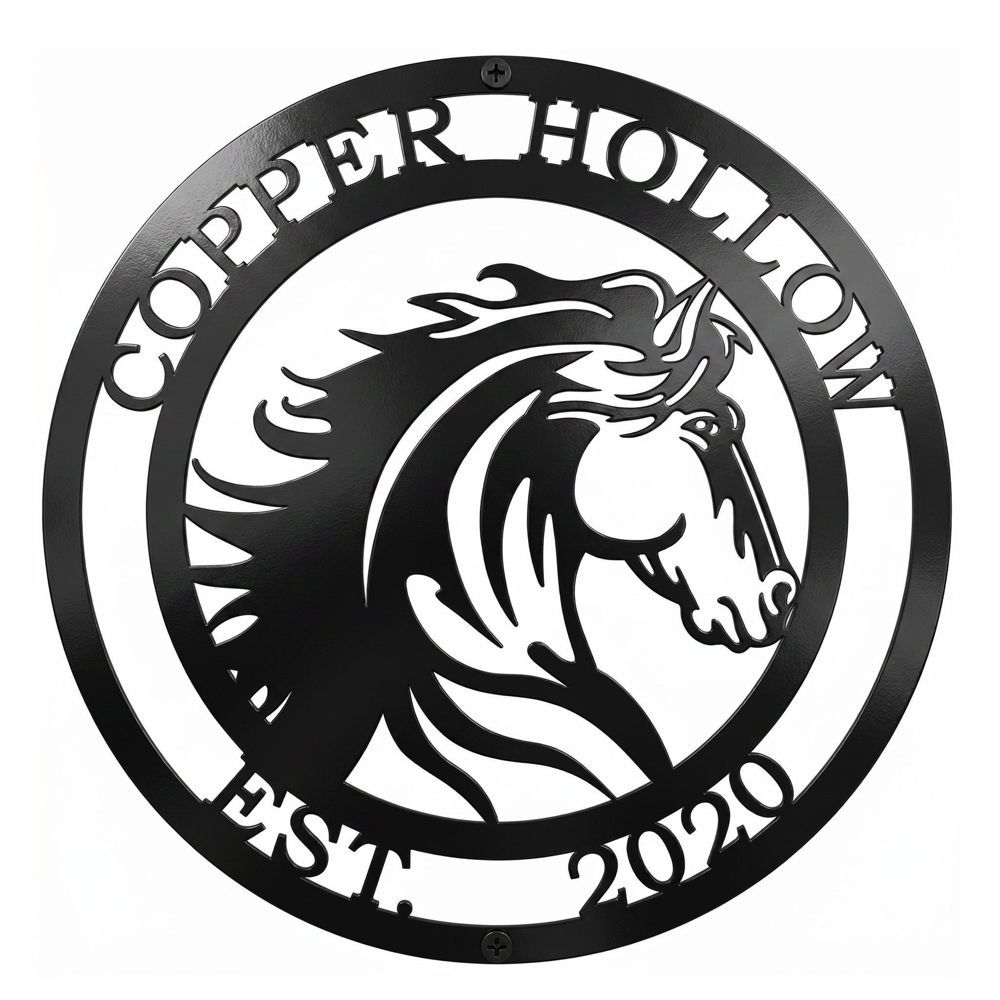 Black custom horse metal sign with Copper Hollow name and established year on white background