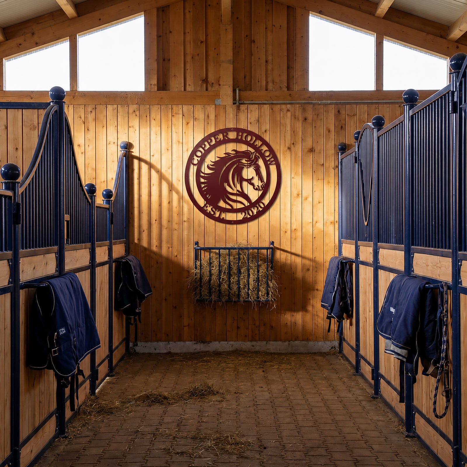 Maroon custom horse metal sign mounted on wooden stable wall with barn stalls