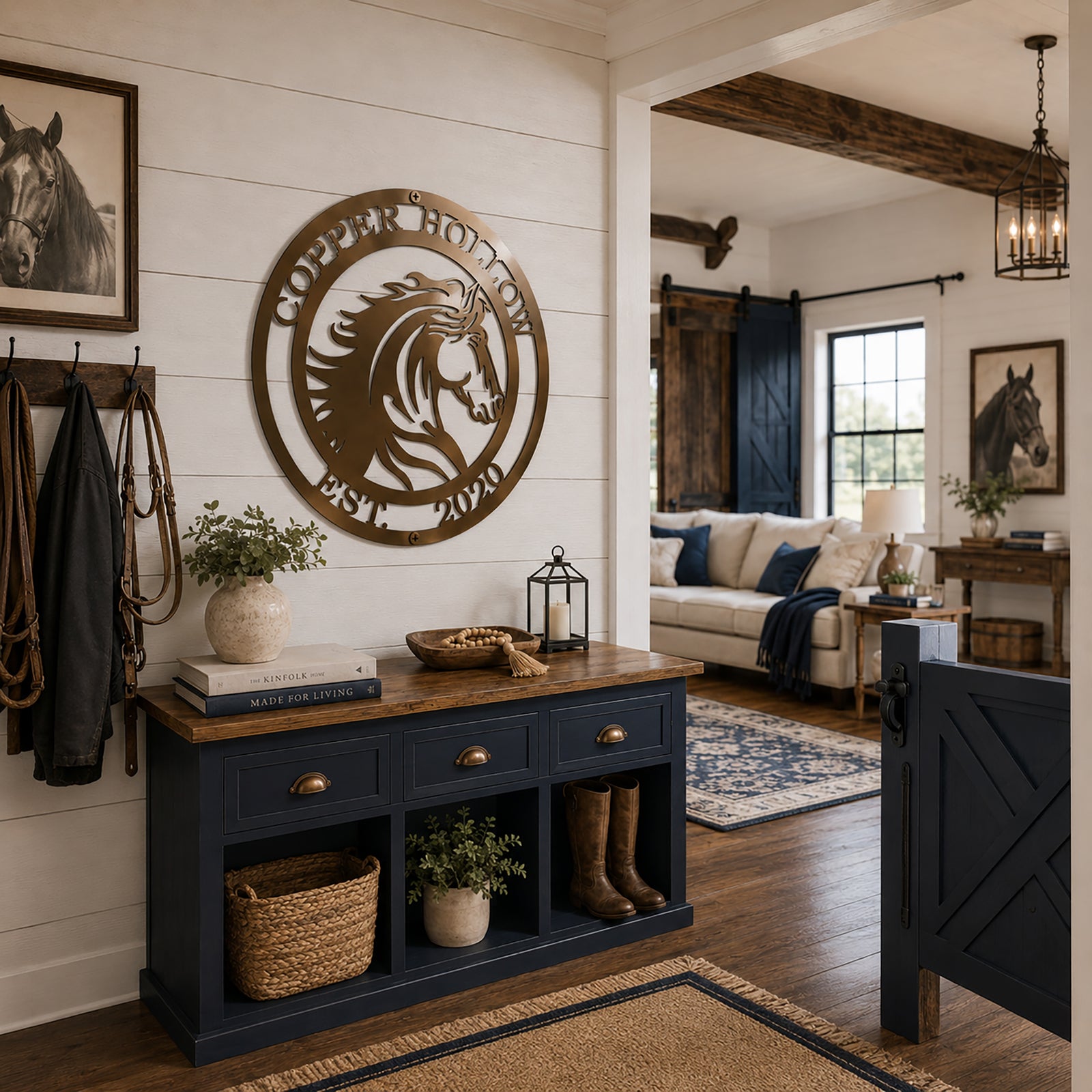 Gold custom horse metal sign displayed in farmhouse entryway with rustic equestrian decor
