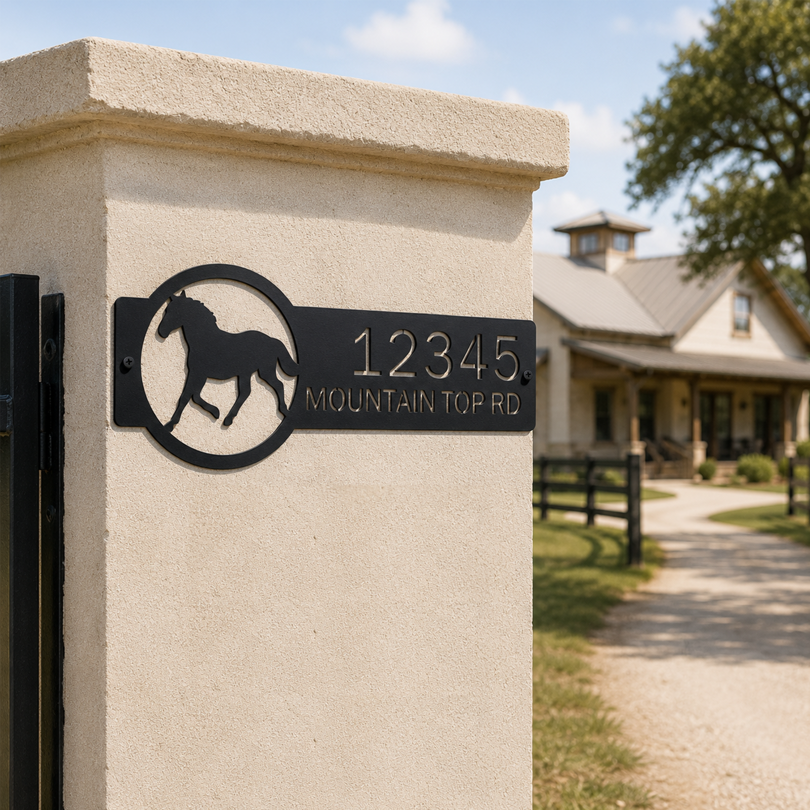 Black horse ranch metal address sign mounted on stucco entry pillar