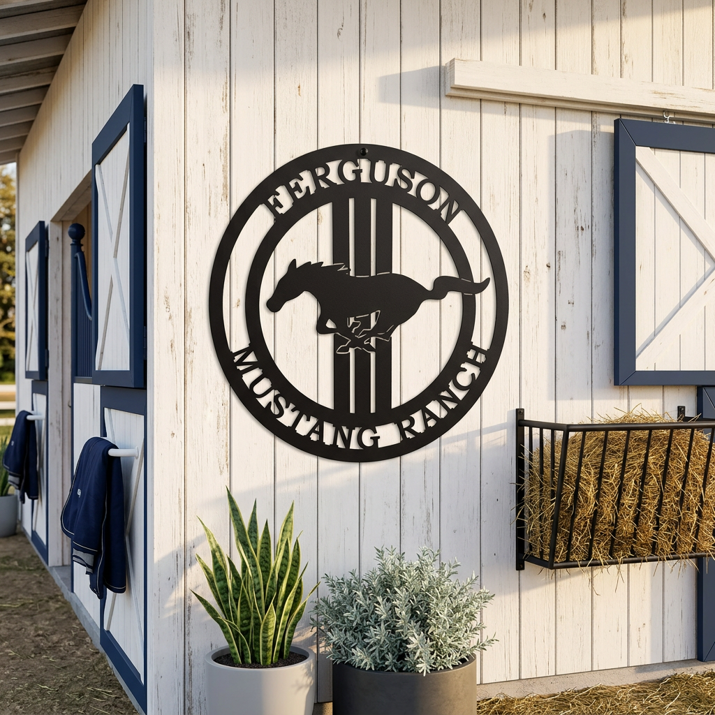 Black custom Mustang Ranch horse metal sign displayed on white barn wall with stable decor