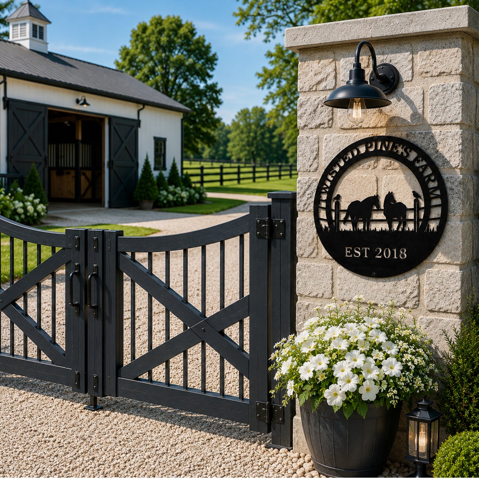 Black Twisted Pines Farm horse and raven metal sign displayed on stone ranch gate entrance