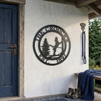 Satin black horse stable metal wall sign displayed beside rustic blue door with leash holder decor