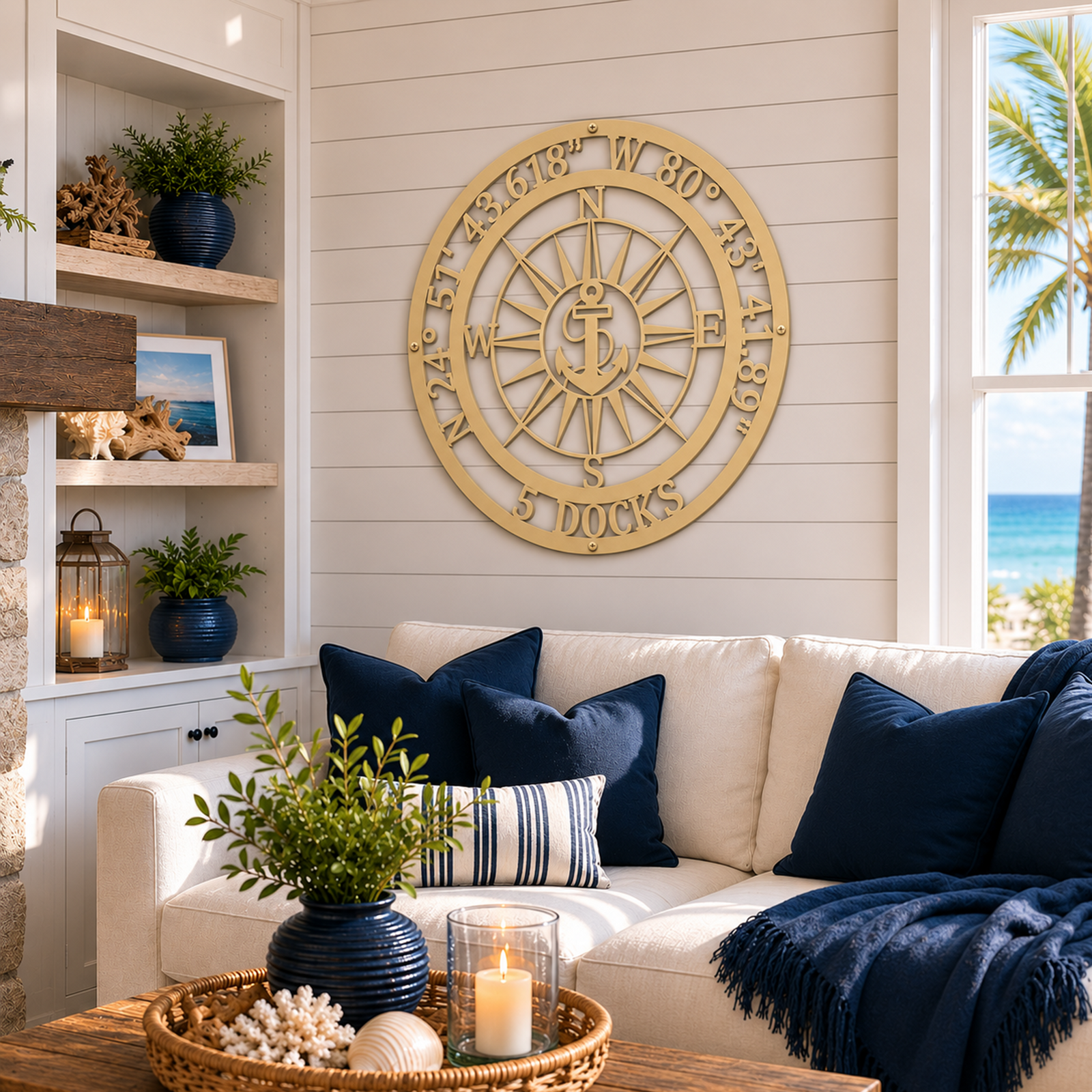 Elegant ivory gold variation of the personalized anchor compass metal sign featuring custom geographic coordinates, styled in a modern seaside living room.