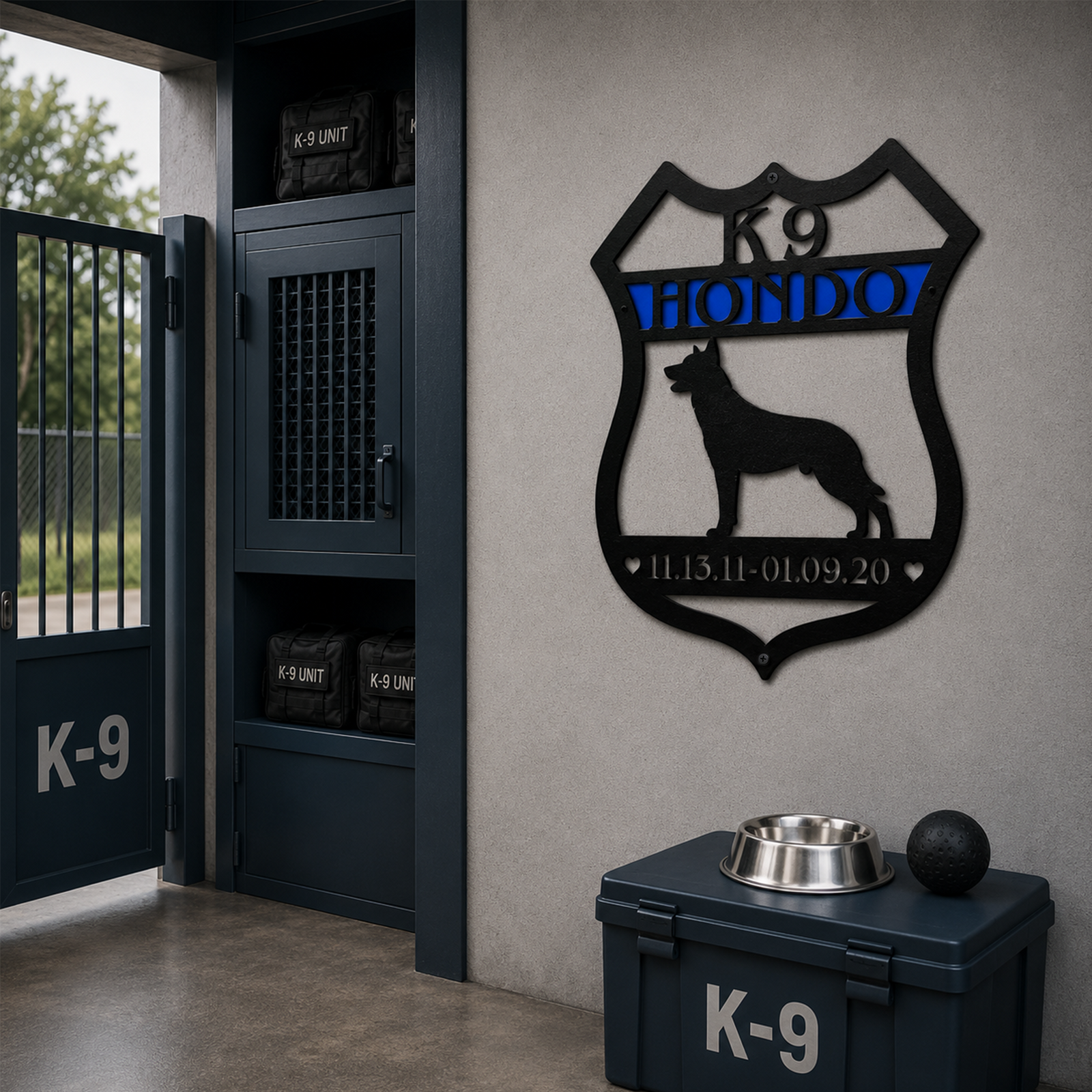 Personalized Police K9 Hondo metal badge sign displayed in K9 training room with dog bowl and gear