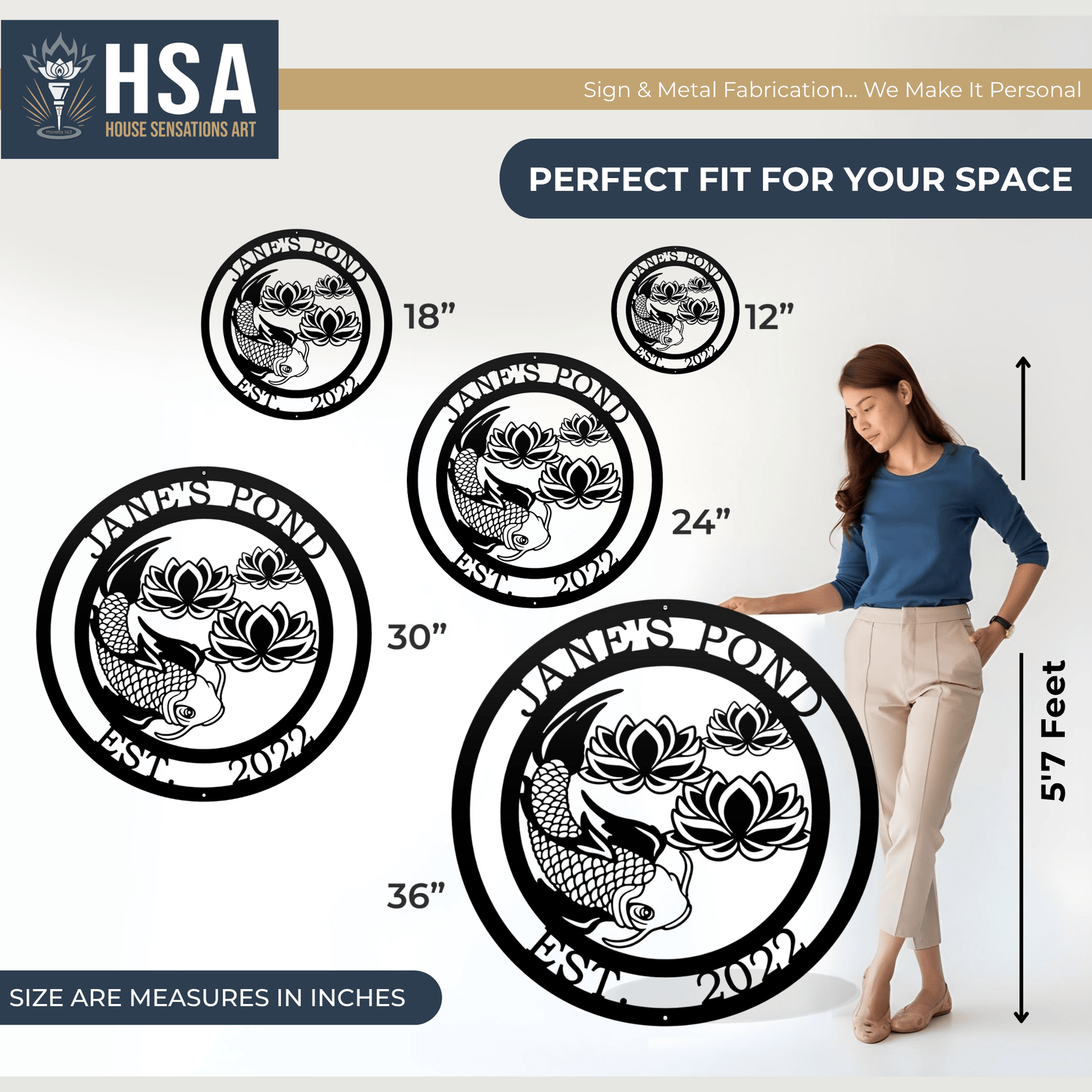 Custom koi pond metal sign size guide showing 12 18 24 30 and 36 inch options beside 5 foot 7 model
