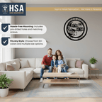 Custom koi pond metal sign displayed in modern living room with family seating area and HSA branding