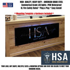 Commercial grade custom LED business logo sign mounted on wooden reception desk with waterproof lighting and American steel construction for indoor business branding