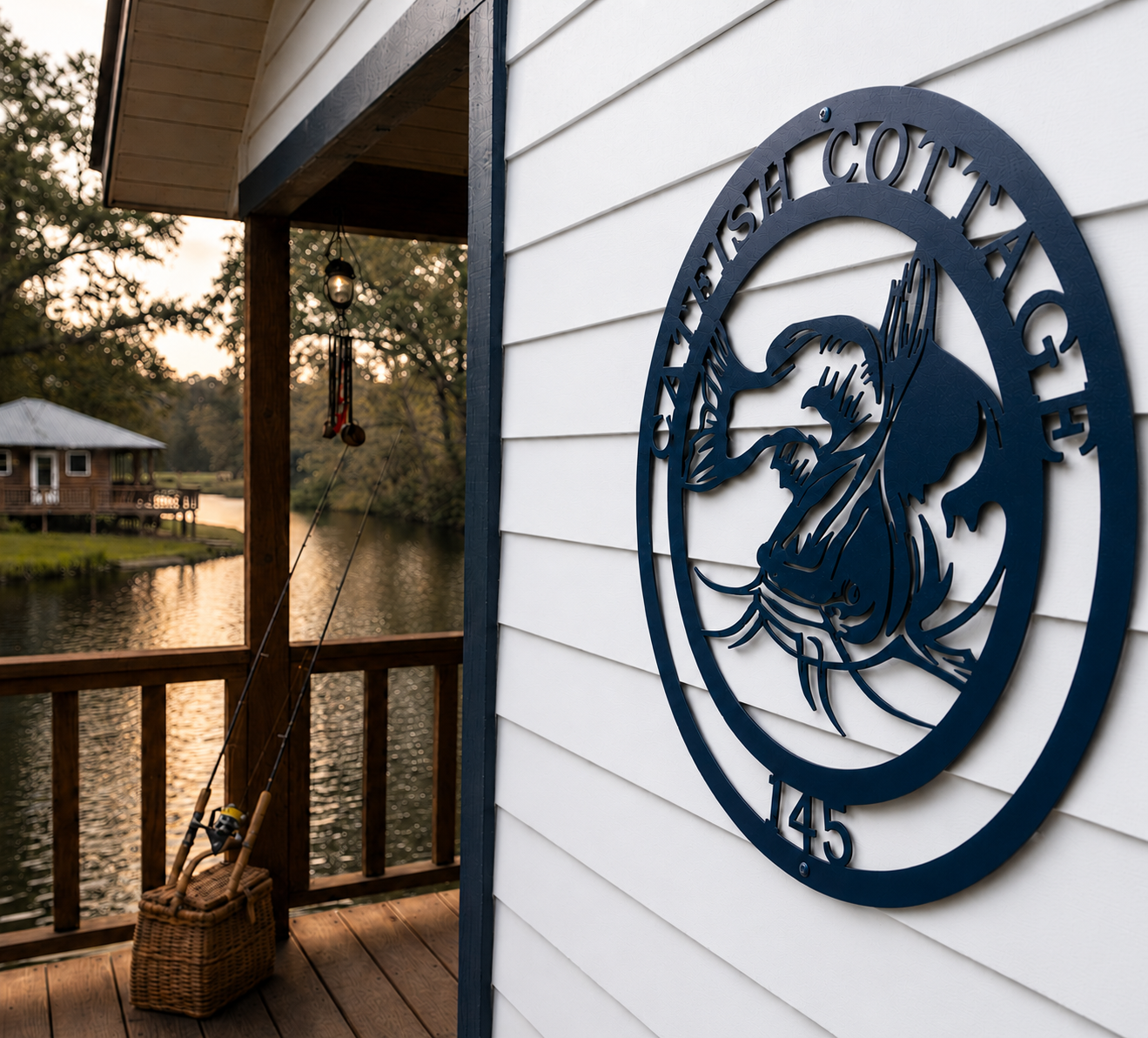 Navy blue personalized metal catfish lodge sign hanging on white horizontal siding of a waterfront cabin porch with fishing rods ready.